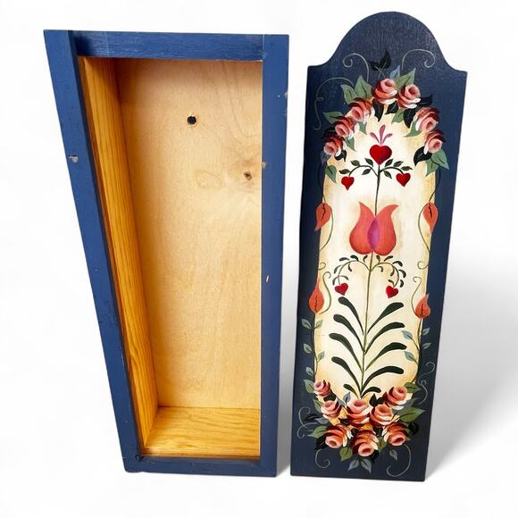 VTG Hand Painted Wood Tole Folk Art Sliding Lid Candle Match Box PA Dutch Style - Picture 2 of 16